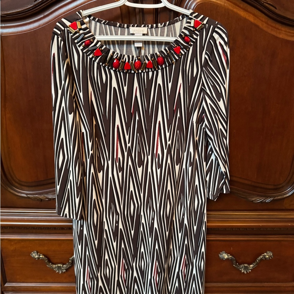 Chico's Long Sleeve Dress with Black, White, and Red Pattern